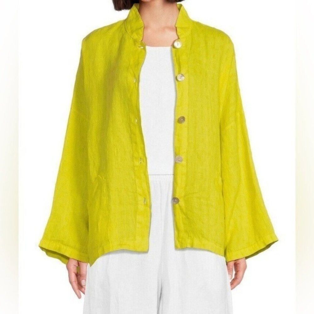 Bryn Walker 100% Linen Danuta Button Front Swing Jacket Large Chartreuse